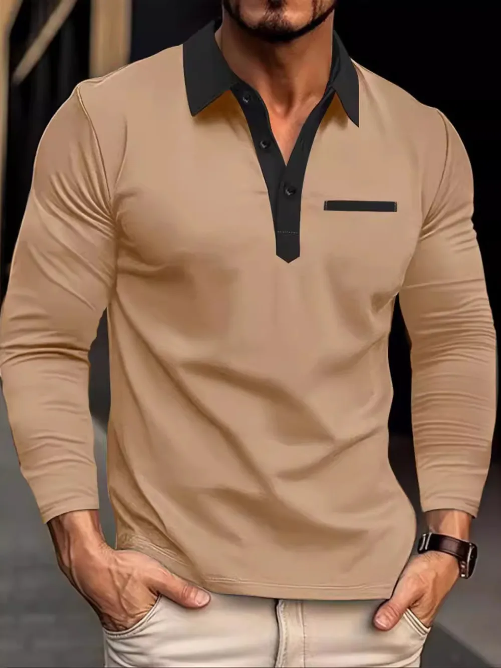 Men's Full Size Long Sleeve Contrast Collar Polo Shirt Plus Size, image 2