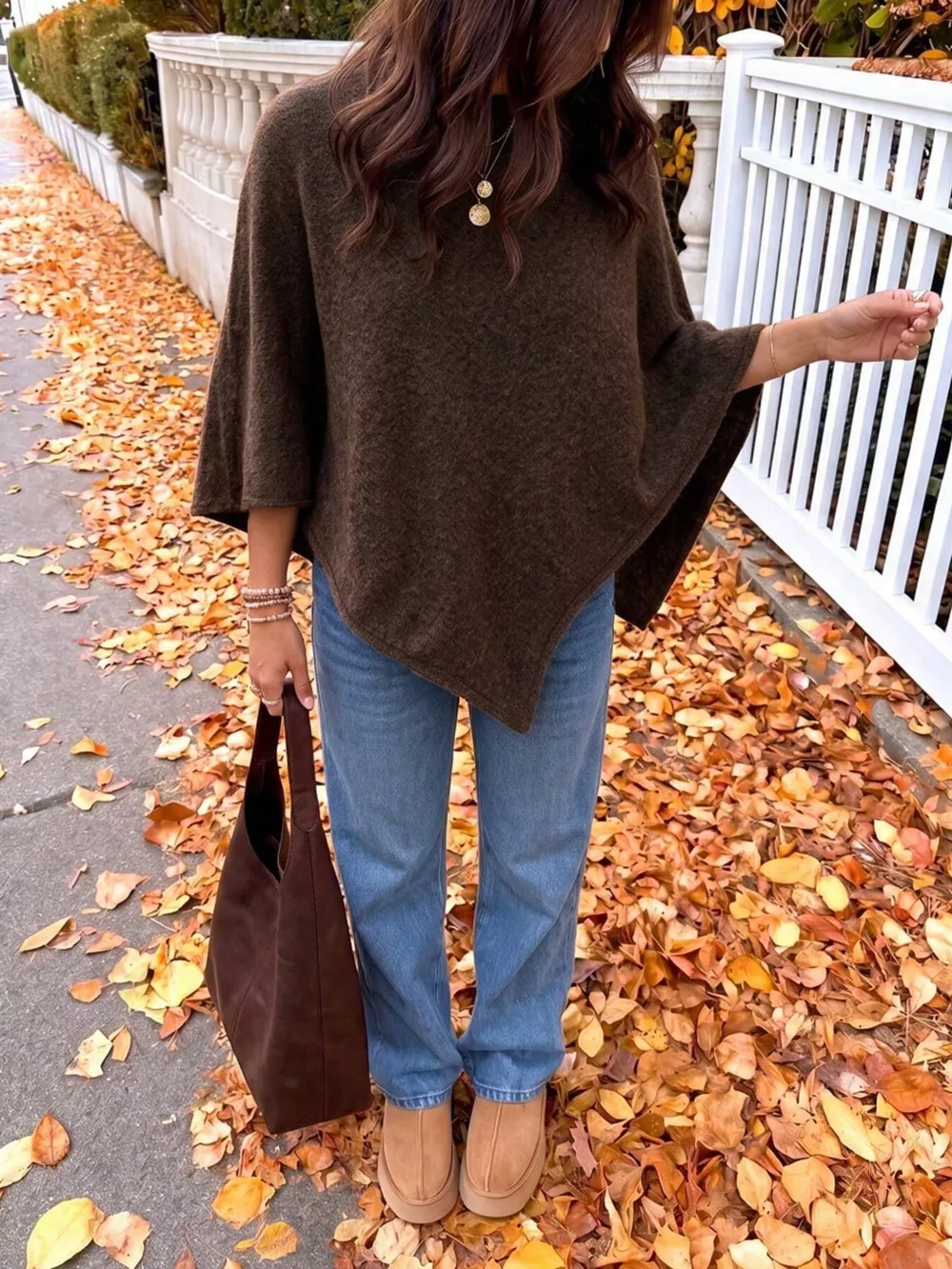 Brushed Loose Shawl Round-Neck Cape Sweater with Bat Sleeves, image 13