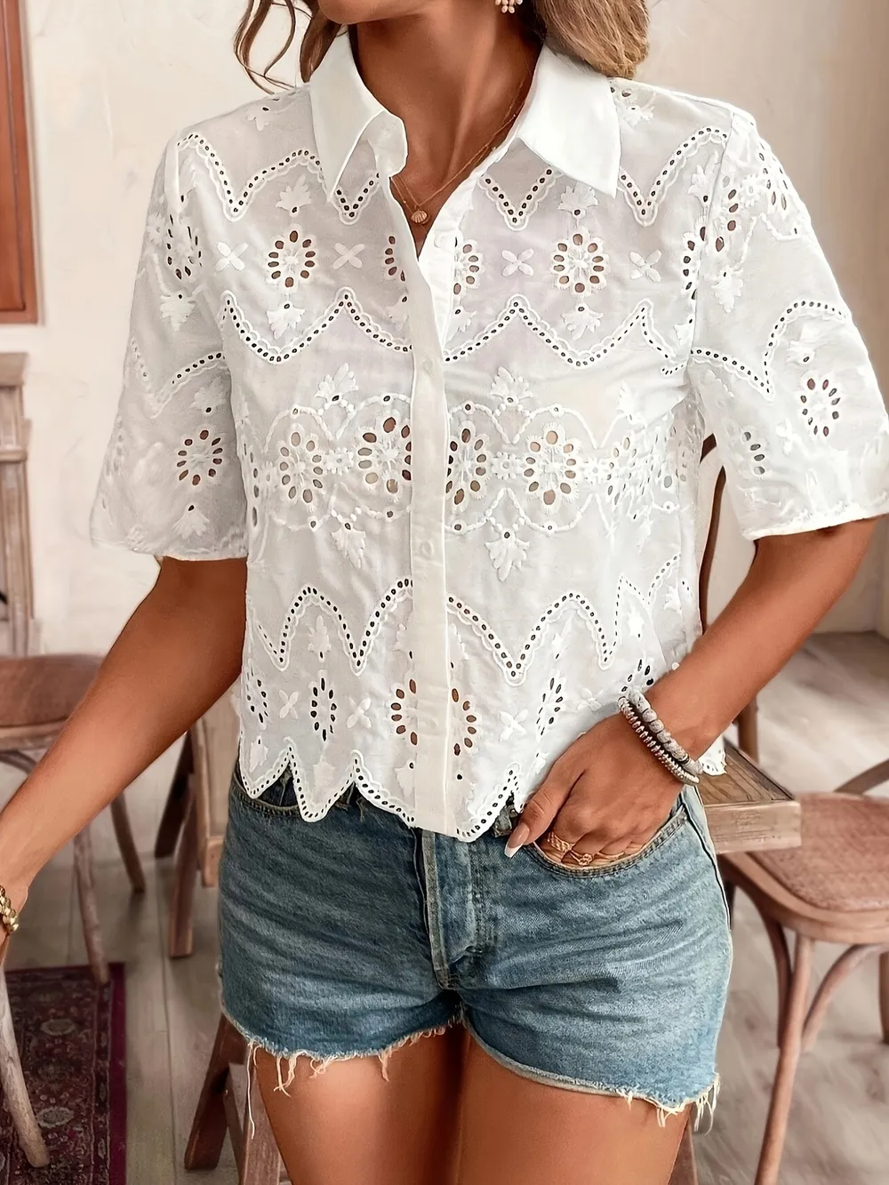 Eyelet Lace Short Sleeve Button-Up Shirt