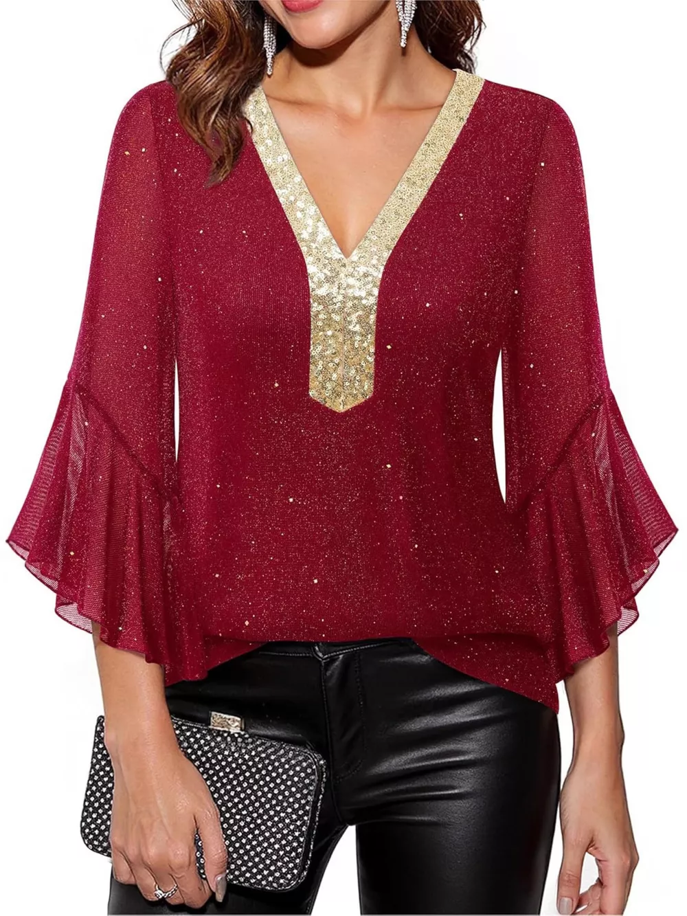 Sequin V-Neck Flounce Sleeve Blouse, image 12
