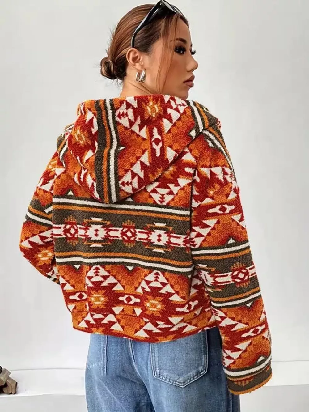 Aztec Print Zip Up Fuzzy Outerwear, image 3
