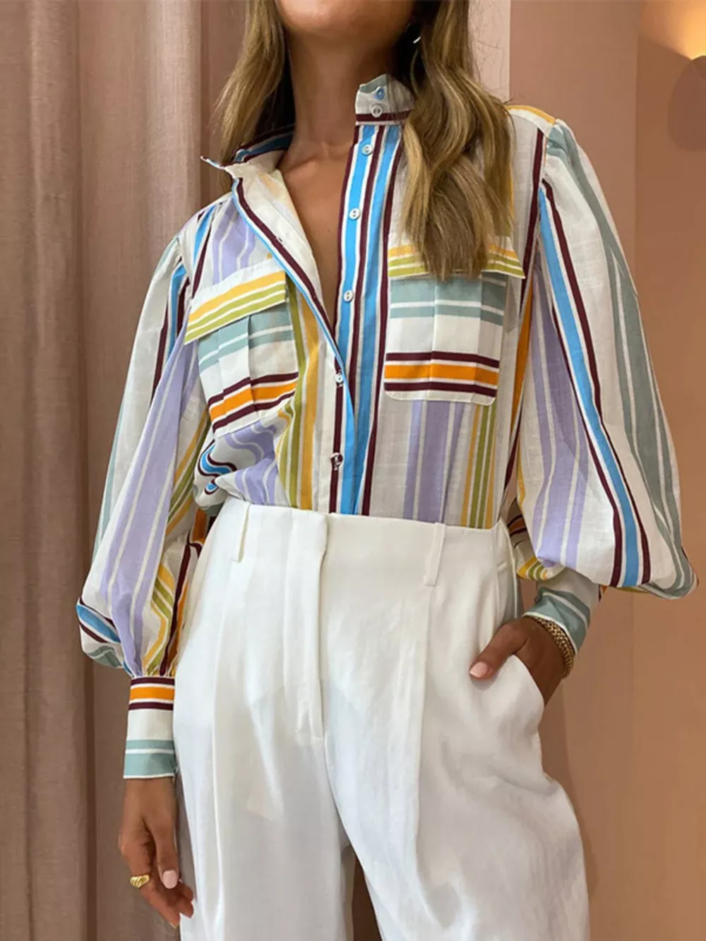 Full Size Printed Lantern Sleeve Button Up Shirt Plus Size, image 5