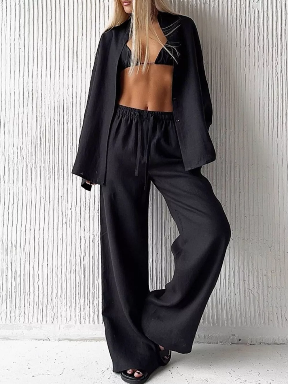 Relaxed Fit Button Up Shirt and Pants Two-Piece Set