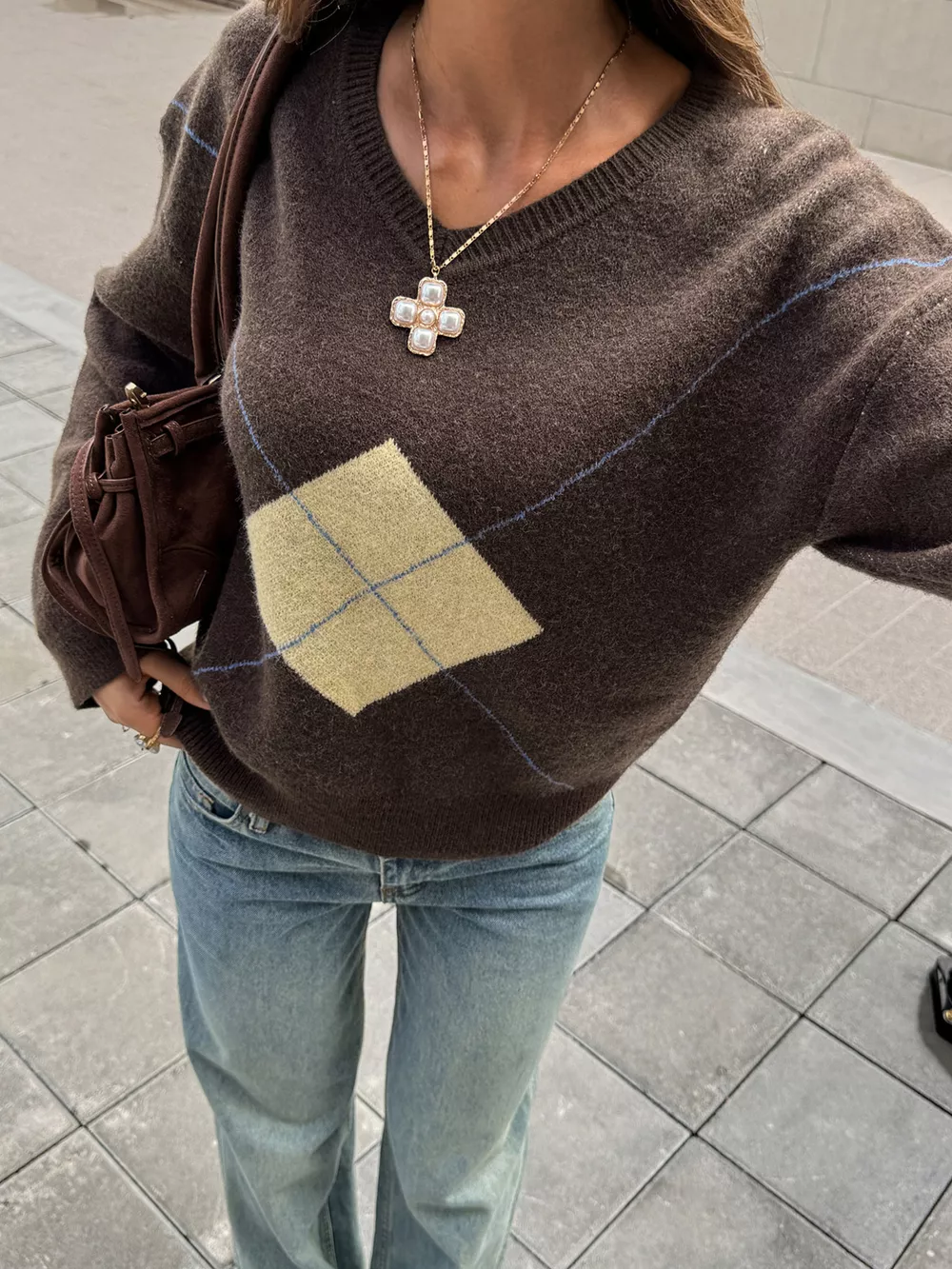Argyle Pattern V-Neck Knit Sweater, image 4