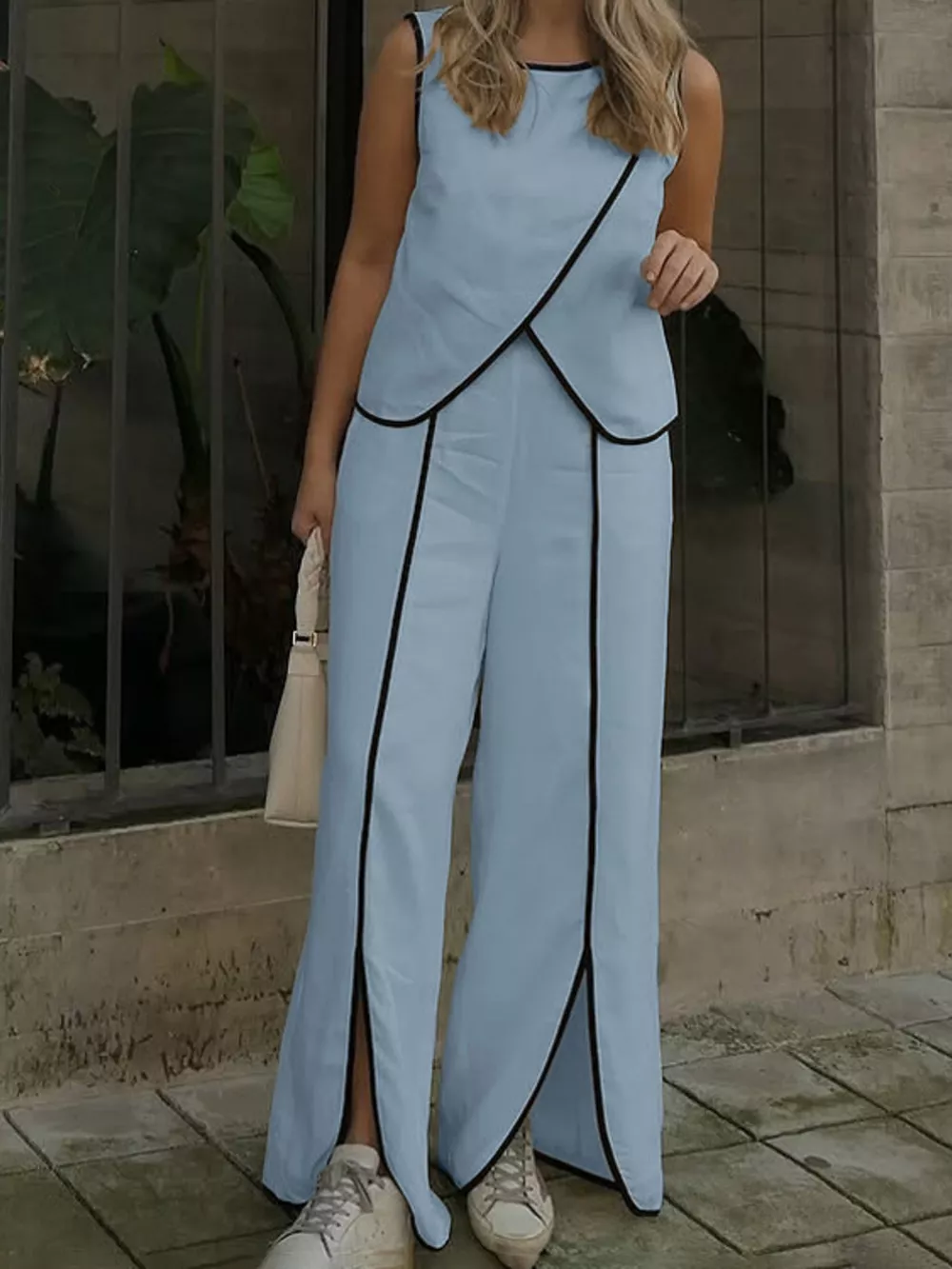 Contrast Trim Sleeveless Top and Wide-Leg Pants Set, image 13