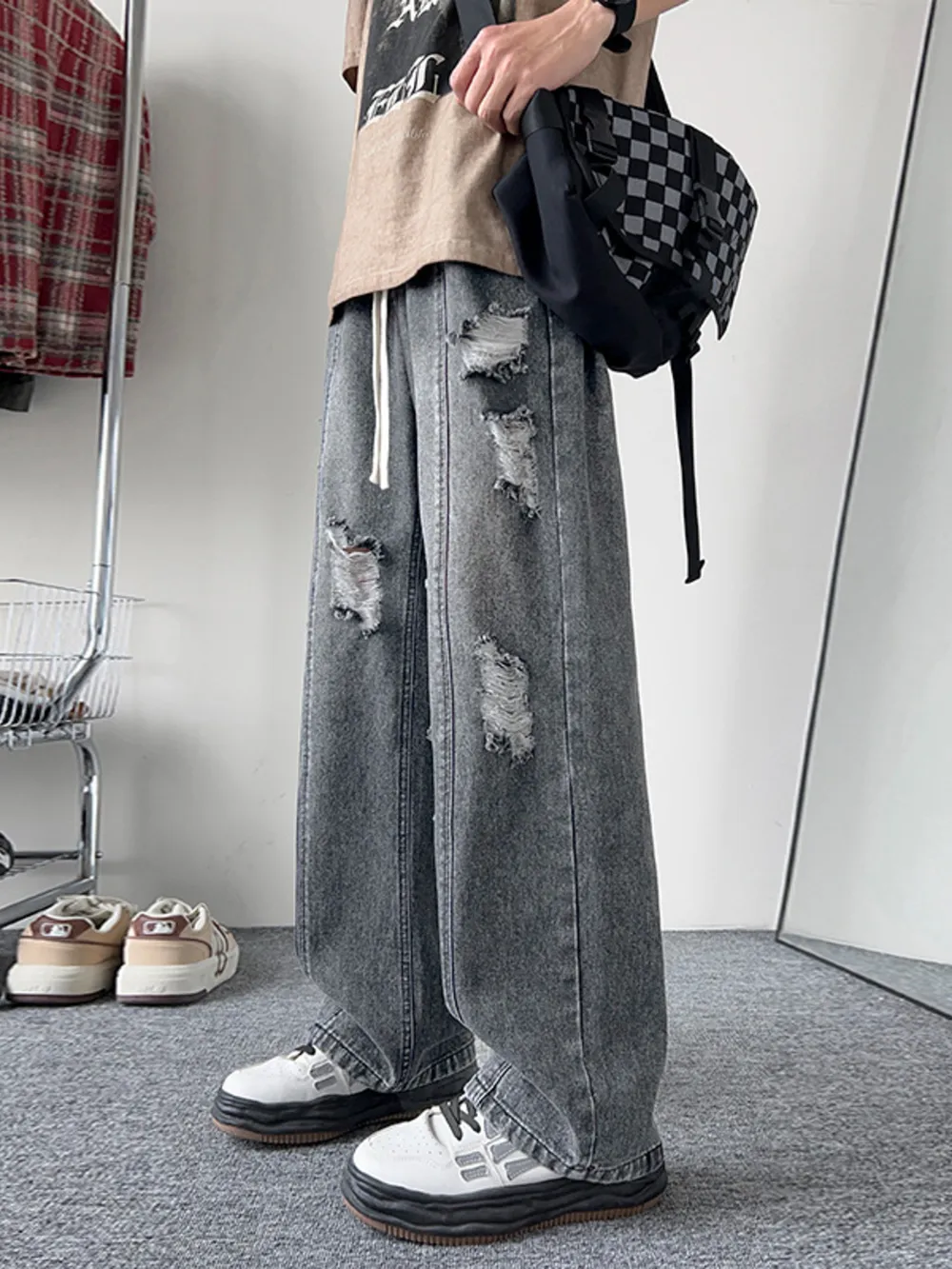 Men's Full Size Distressed Wide Leg Jeans Plus Size