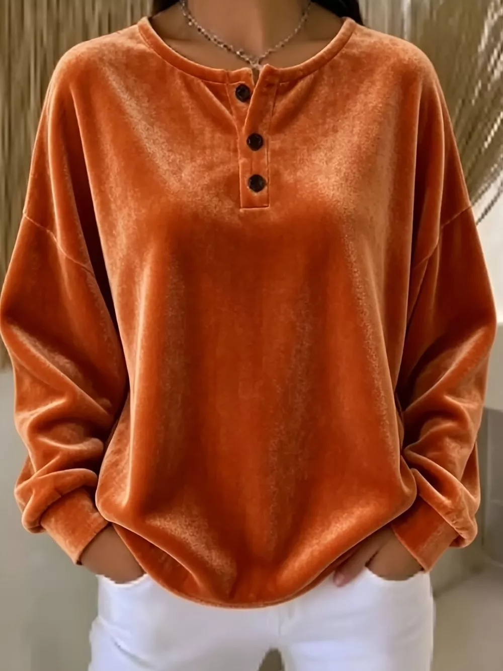 Velvet Henley Top with Button Detail, image 7