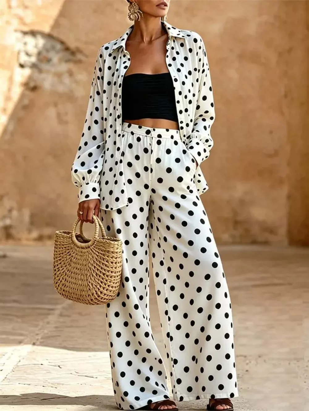 Full Size Polka Dot Shirt and Wide-Leg Pants Set Plus Size