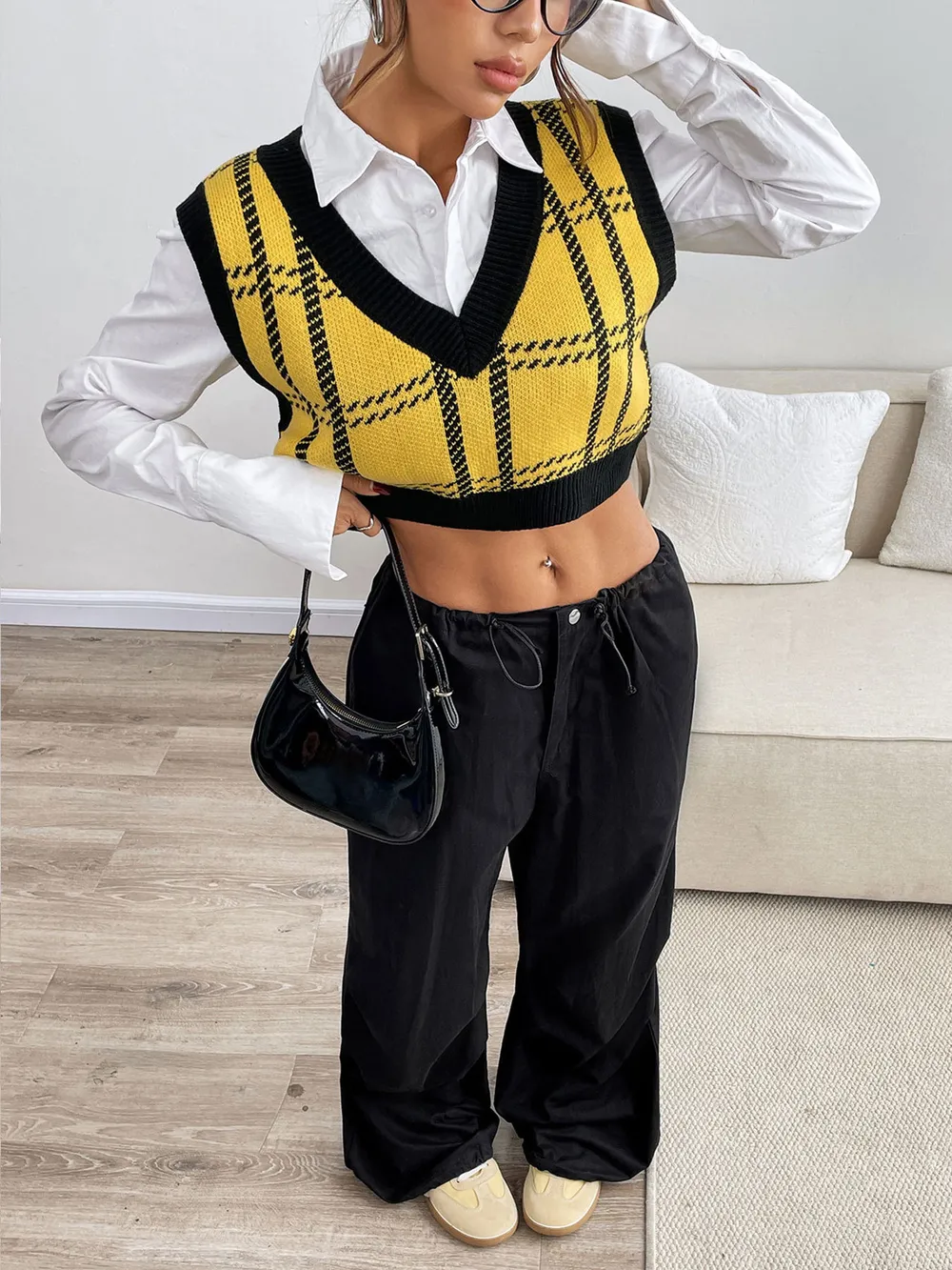 Plaid V-Neck Cropped Sweater Vest, image 7
