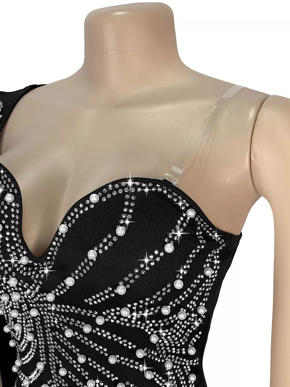Rhinestone Pearl Detail One-Shoulder Mermaid Maxi Dress, image 9
