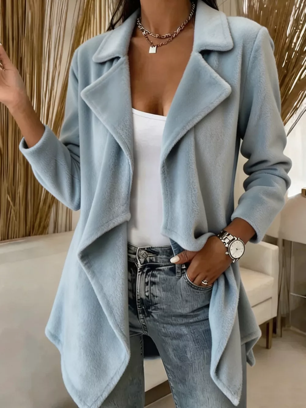 Full Size Fleece Waterfall Collar Outerwear Plus Size