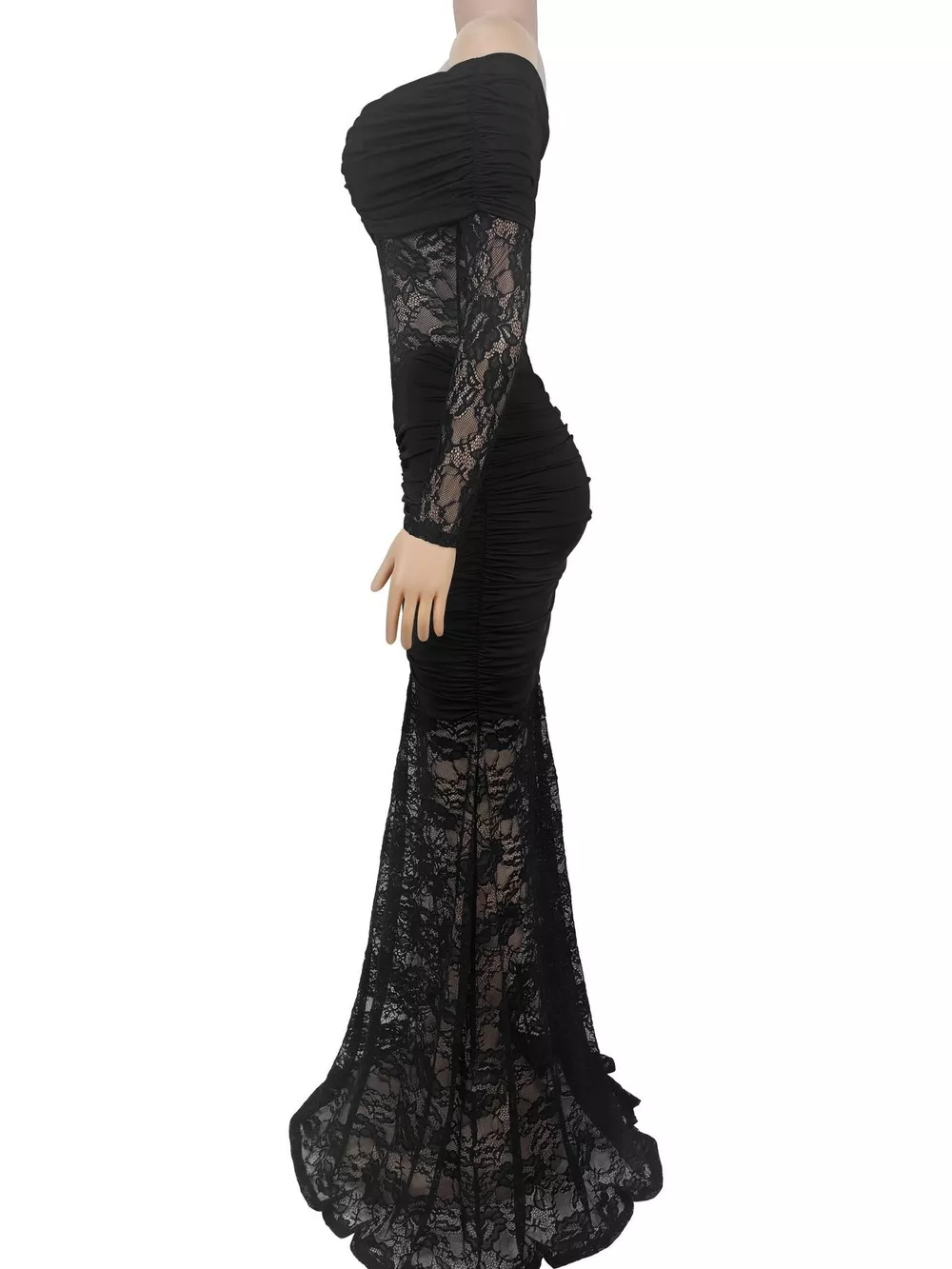 Off-Shoulder Ruched Lace Mermaid Maxi Dress, image 9