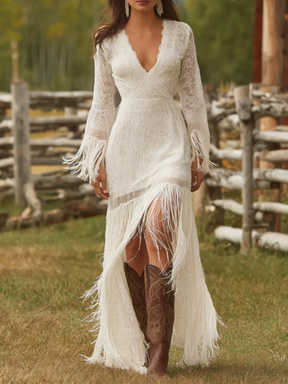 Lace Fringe V-Neck Maxi Dress, image 2