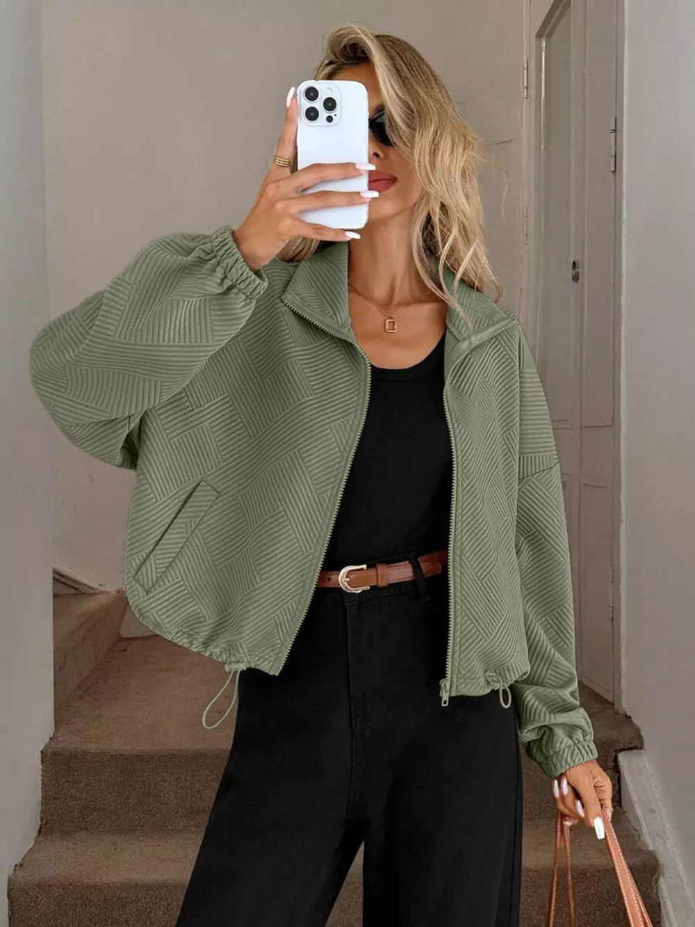 Drawstring Hem Textured Long Sleeve Jacket, image 15