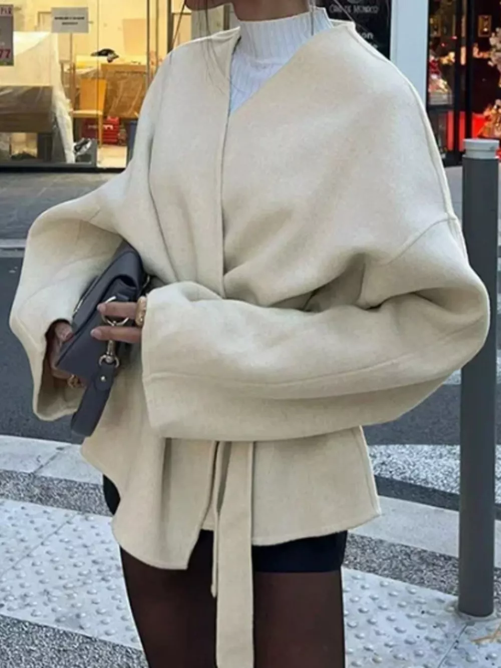 Surplice Tie Waist Dropped Shoulder Outerwear, image 3