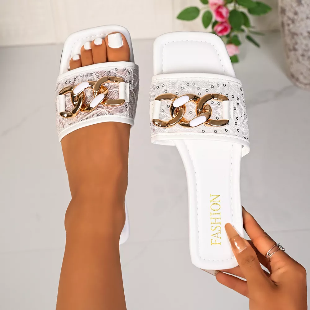 Lace Chain-Embellished Flat Sandals, image 3