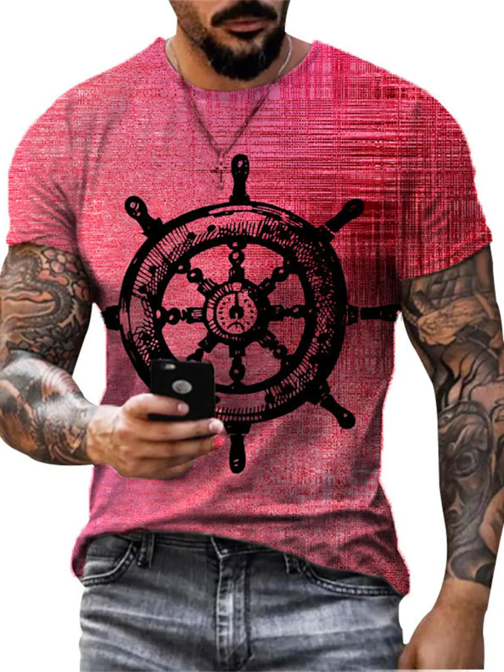 Men's Full Size Artistic Compass Graphic Round Neck T-Shirt Plus Size, image 4