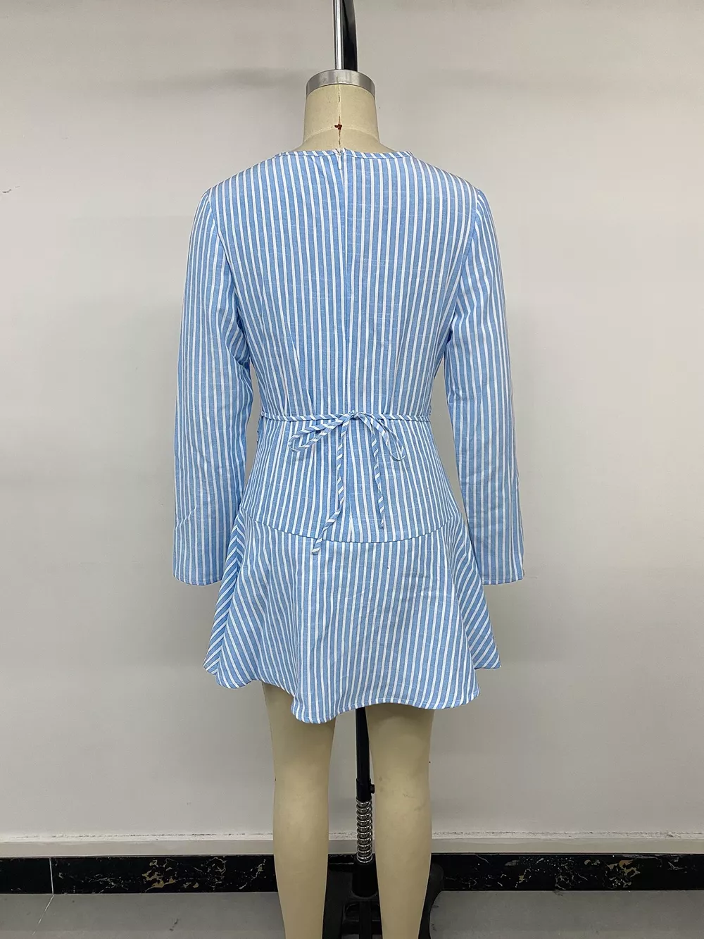 Striped Long-Sleeve Ruched Mini Dress, image 13