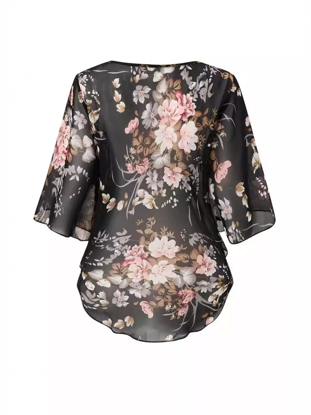 Sheer Floral Print Blouse with Flutter Sleeves, image 3