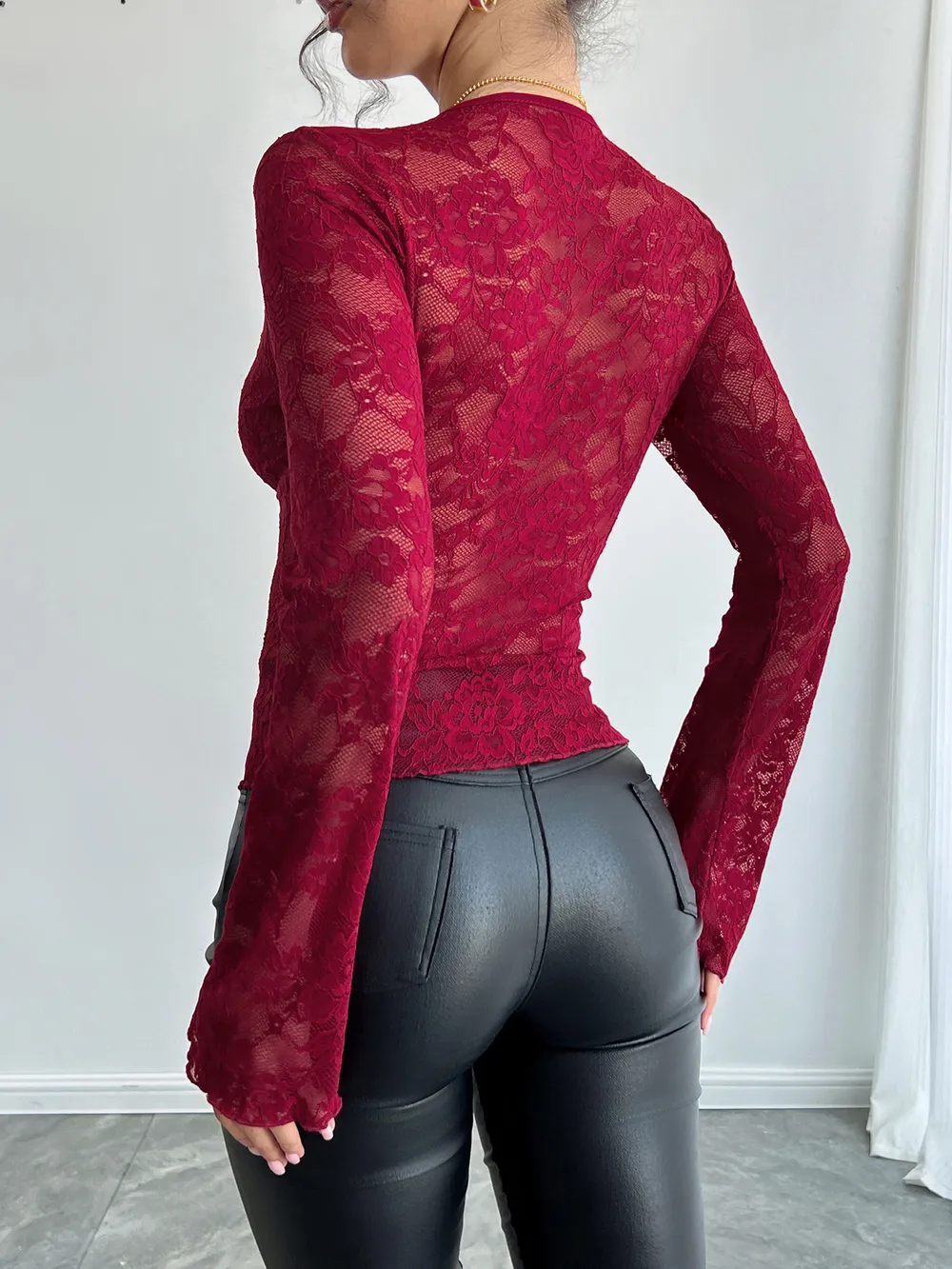 Lace Deep V-Neck Long Sleeve T-Shirt, image 2
