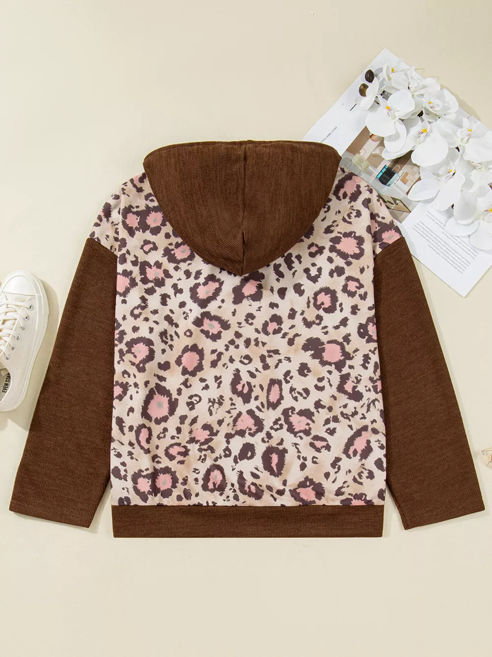 Plus Size Leopard Long Sleeve Drawstring Hoodie, image 7