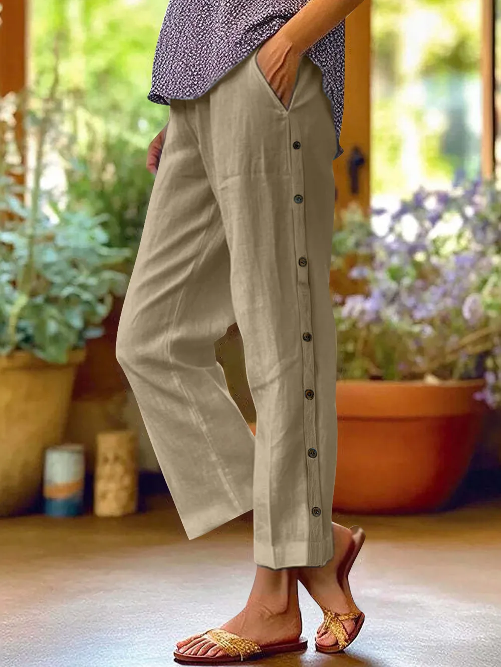 Full Size Side Decor Button Casual Wide Leg Pants Plus Size, image 7