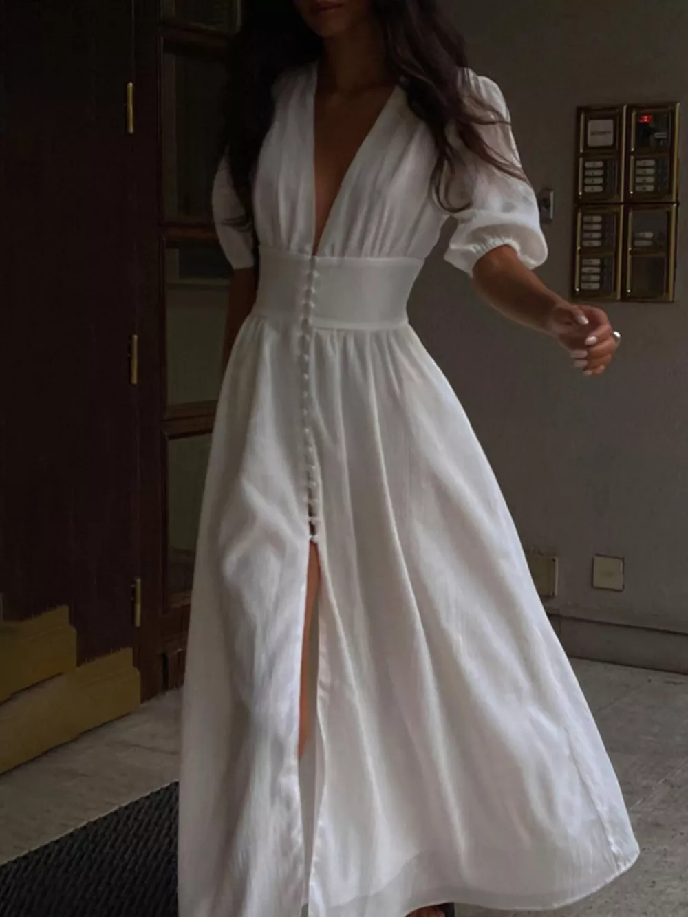 Slit Puff Sleeve Maxi Dress