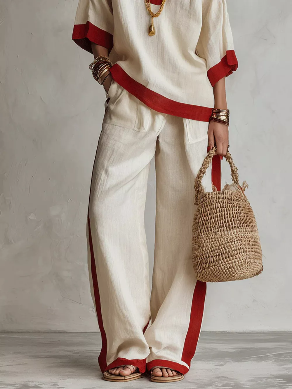 Full Size Contrast Trim Top and Wide Leg Pants Set Plus Size, image 3