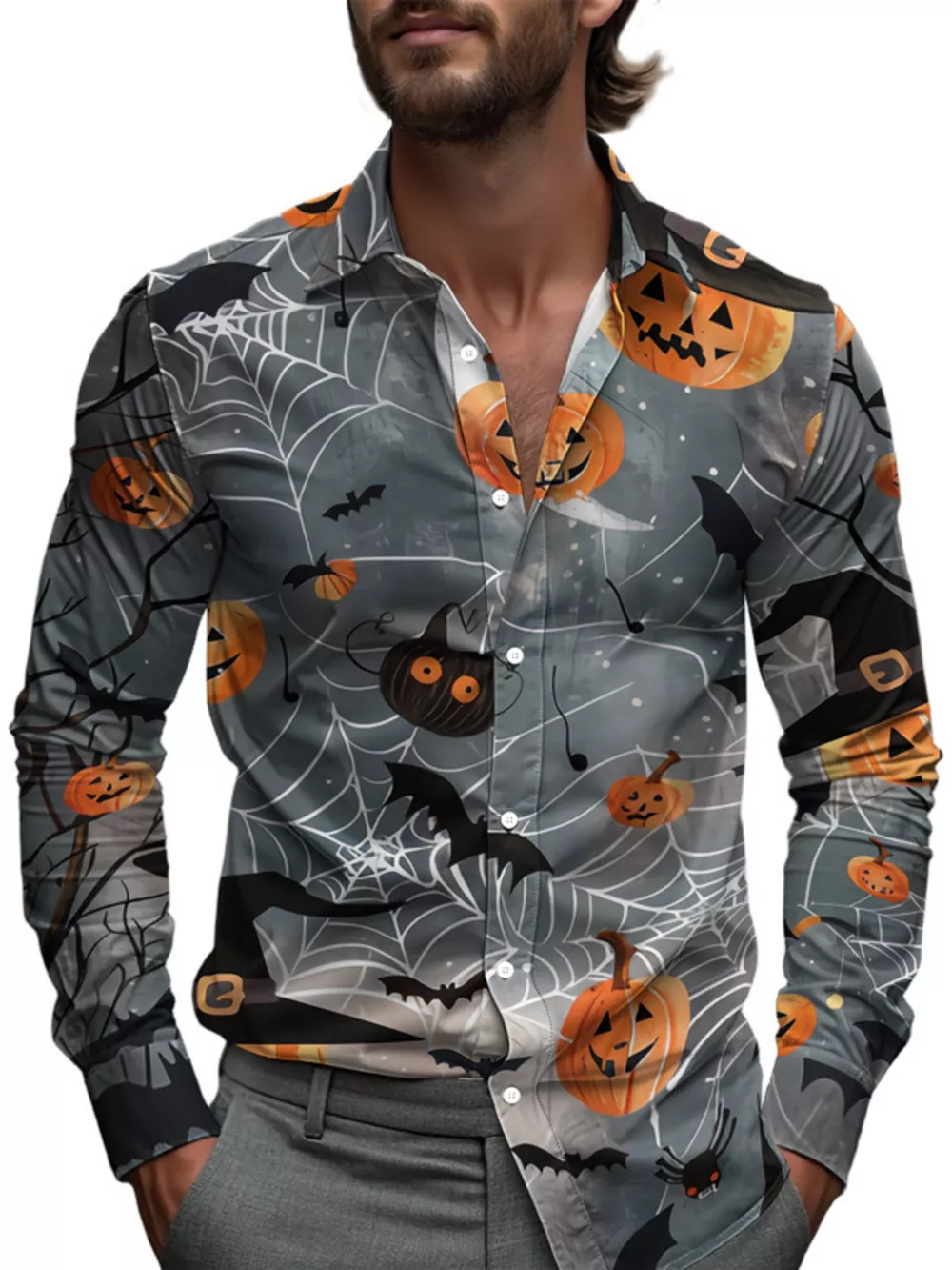 Men's Full Size Halloween Print Long Sleeve Button-Down Shirt Plus Size, image 5