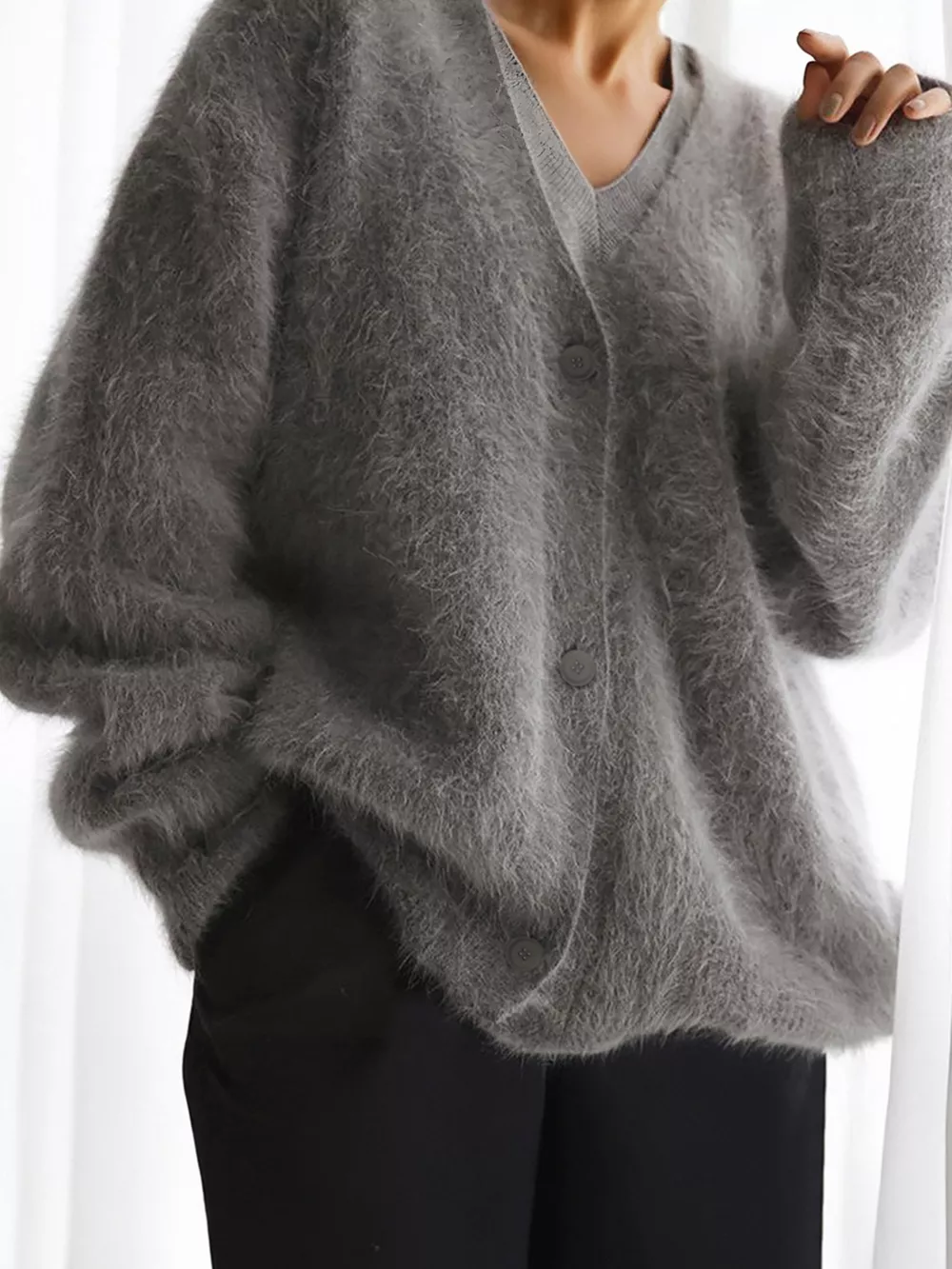 V Neck Button Down Fuzzy Knit Mohair Cardigan