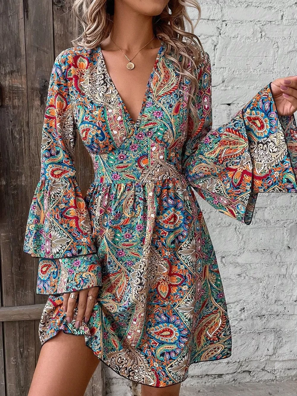 Paisley Print V-Neck Bell Sleeve Mini Dress, image 2