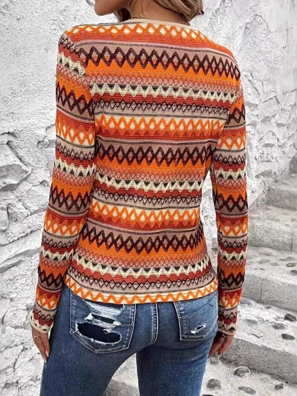 Bohemian Geometric Pattern Long Sleeve T-Shirt, image 2