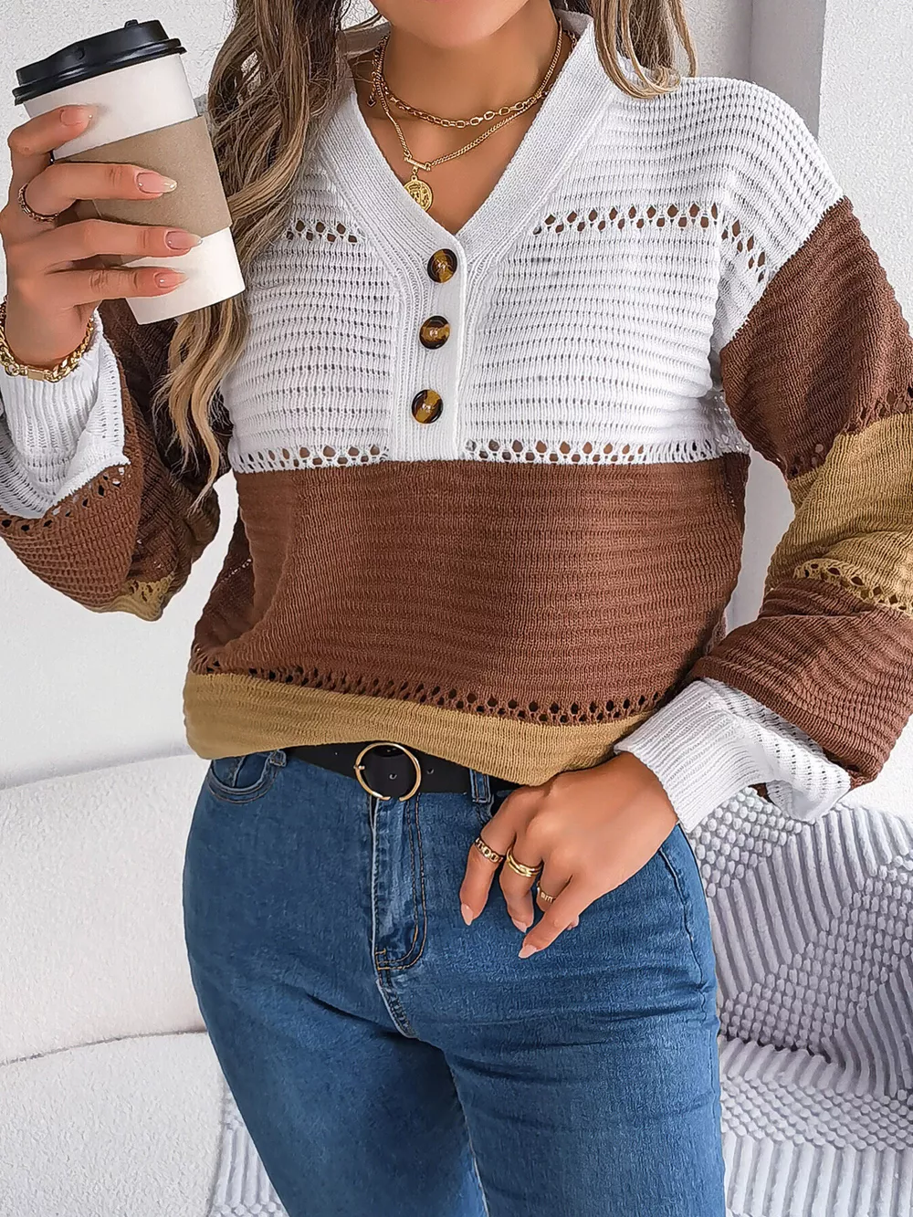 Color Block Striped V-Neck Button Detail Sweater, image 5