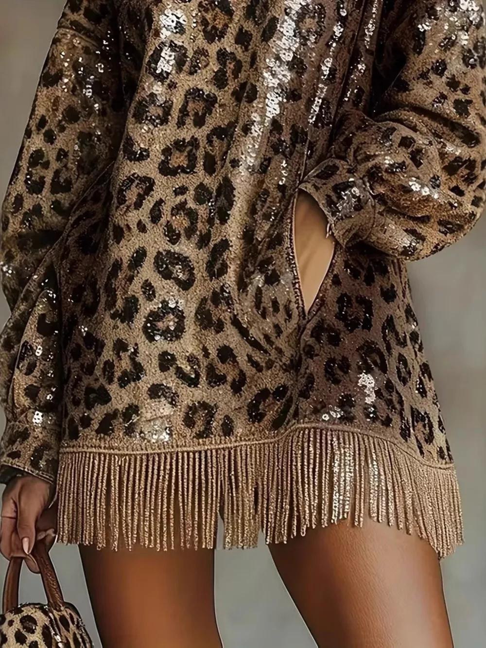 Full Size Leopard Sequin Mock Neck Fringe Hem Mini Dress Plus Size, image 3