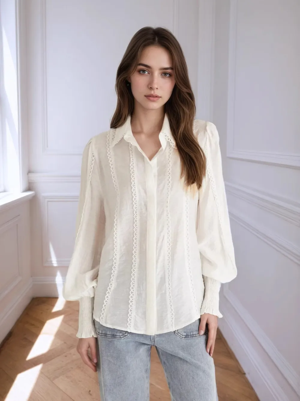 Collared Neck Lantern Sleeve Shirt, image 3