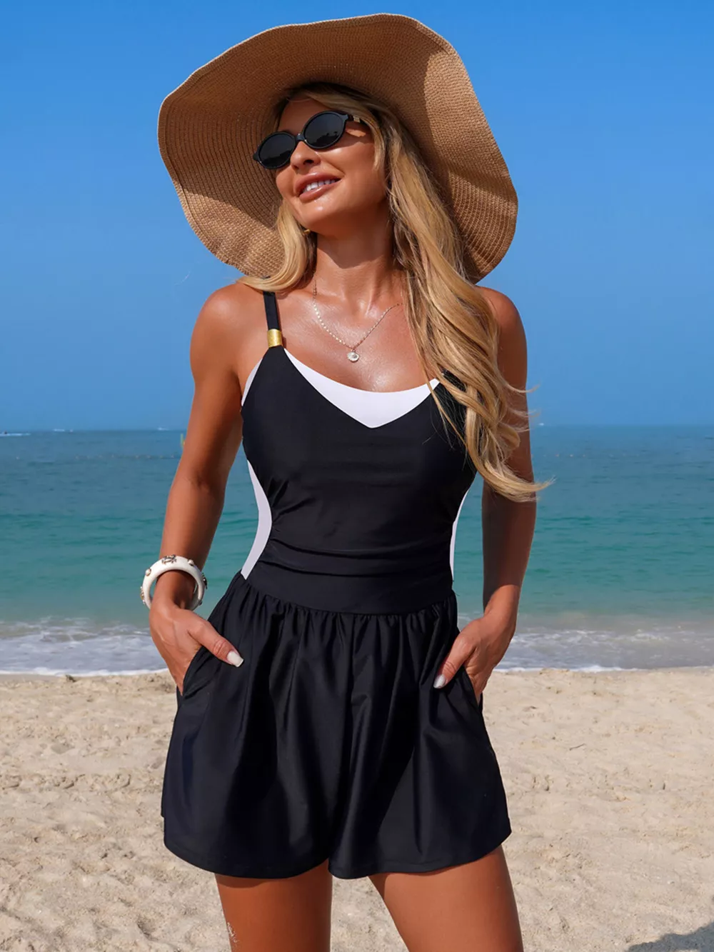 Color Block Adjustable Strap One-Piece Swimsuit, image 5