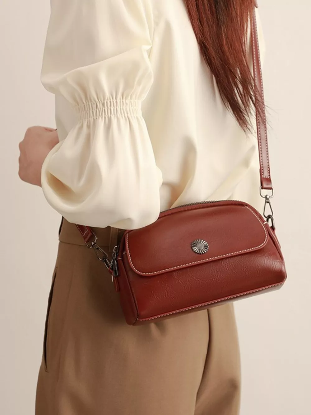 PU Leather Crossbody Bag with Metal Emblem Detail, image 7