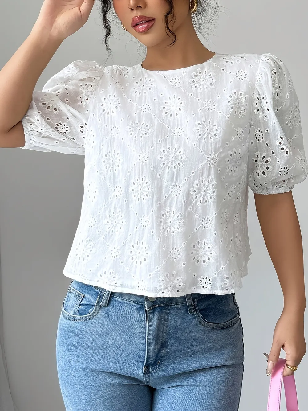 Eyelet Embroidered Puff Sleeve Tie-Back Blouse, image 3