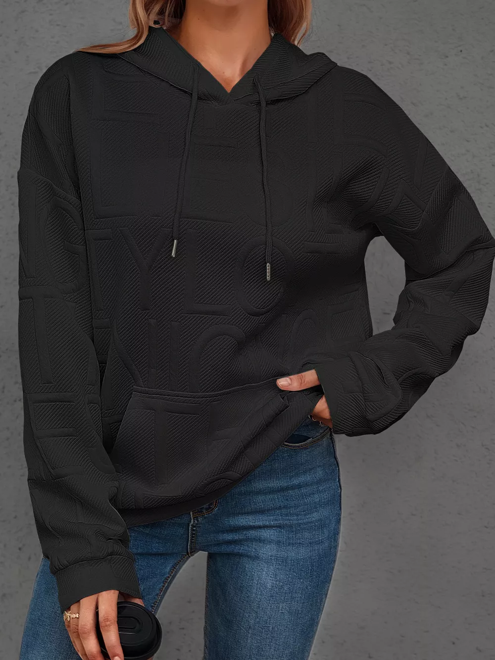Full Size Textured Embossed Long Sleeve Hoodie Plus Size, image 20