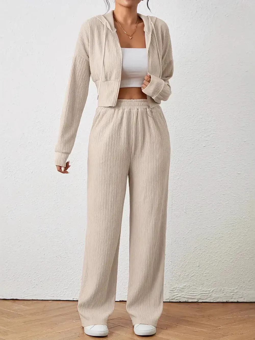 Drawstring Zip Up Hooded Top and Pants Set