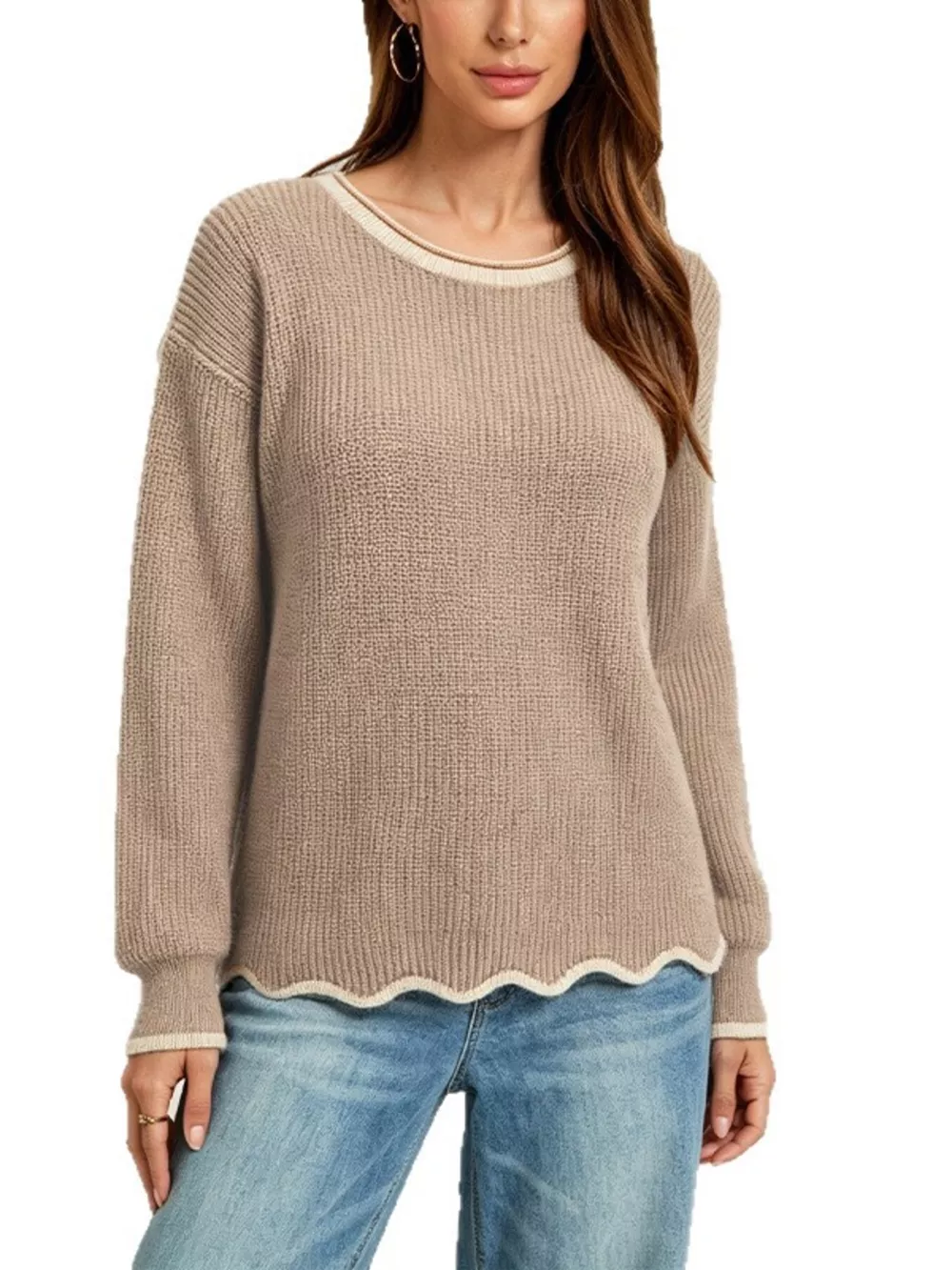 Contrast Trim Scalloped Hem Ribbed Knit Sweater, image 11