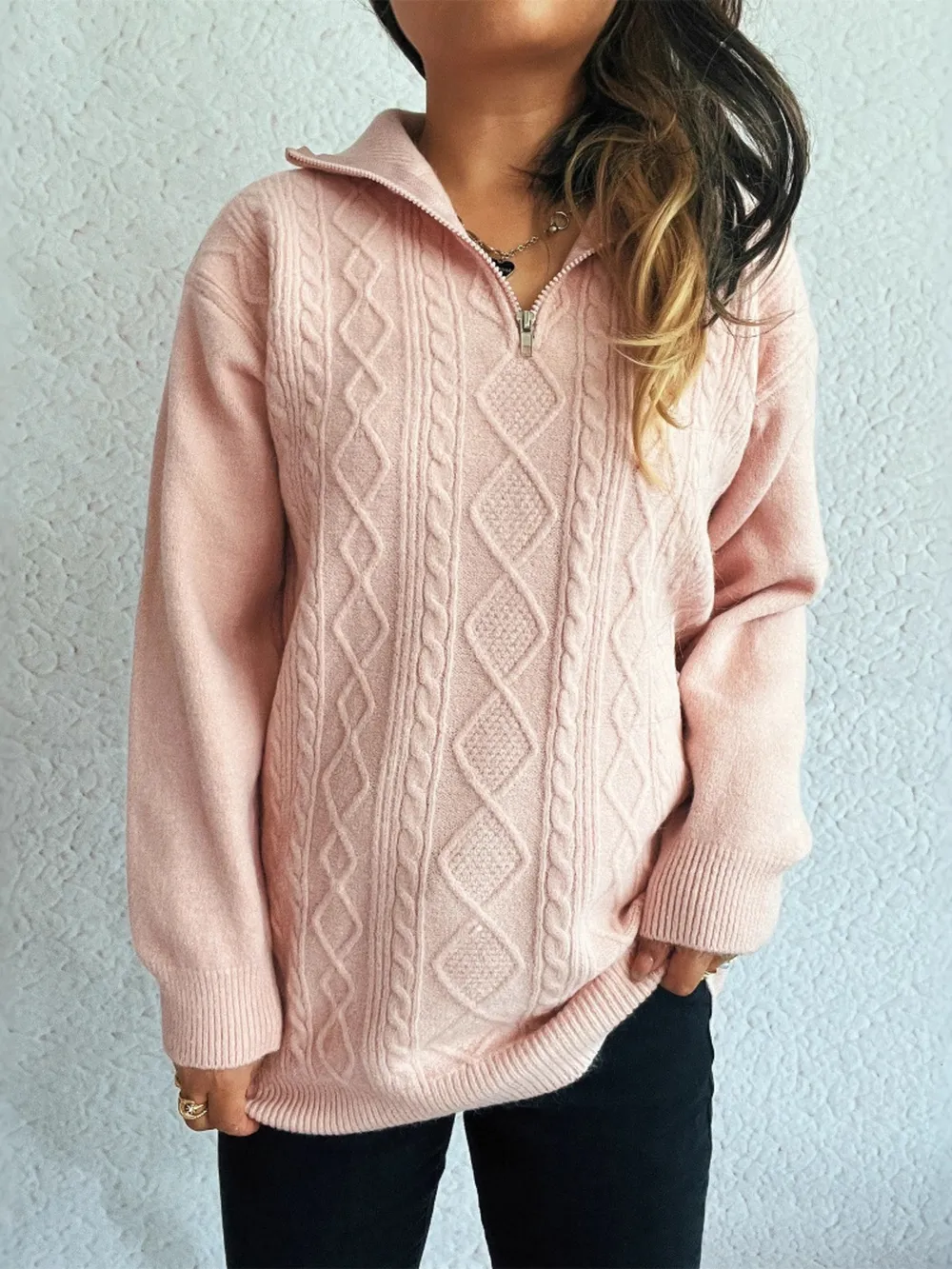 Texture Zip Collar Long Sleeve Sweater, image 14