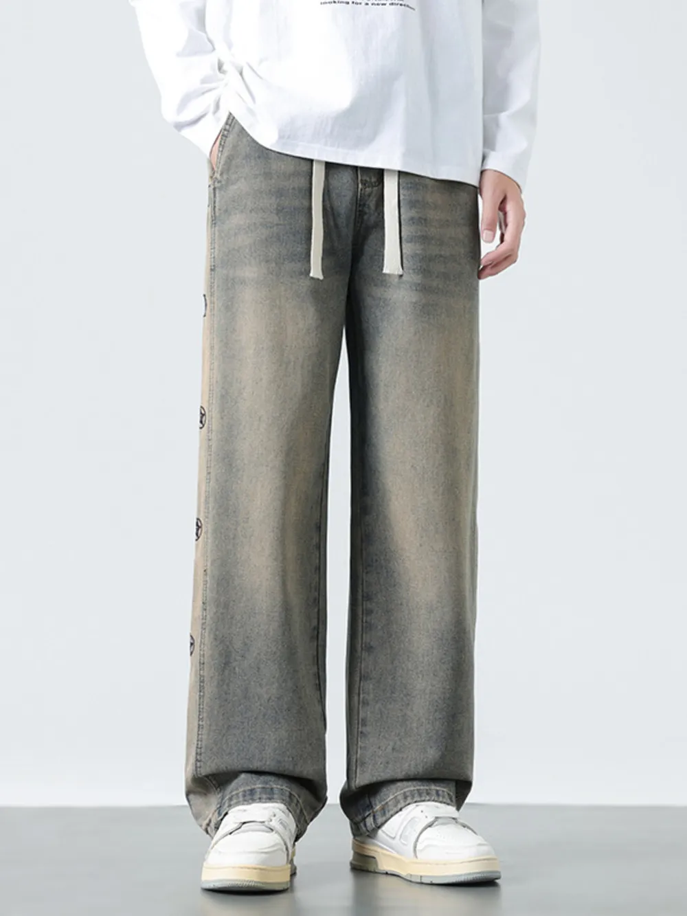 Men's Plus Size Drawstring Wide Leg Jeans