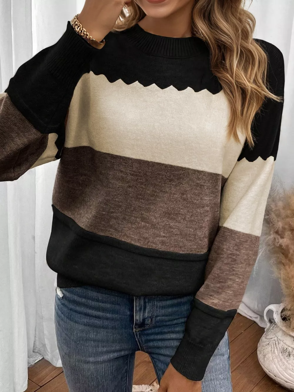 Color Block Crew Neck Drop Shoulder Sweater, image 5