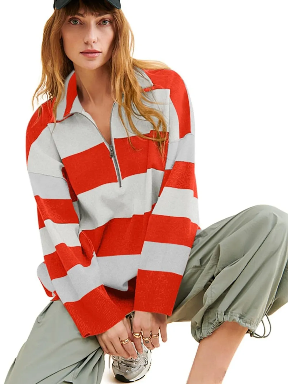 Striped Half-Zip Oversized Sweatshirt, image 8