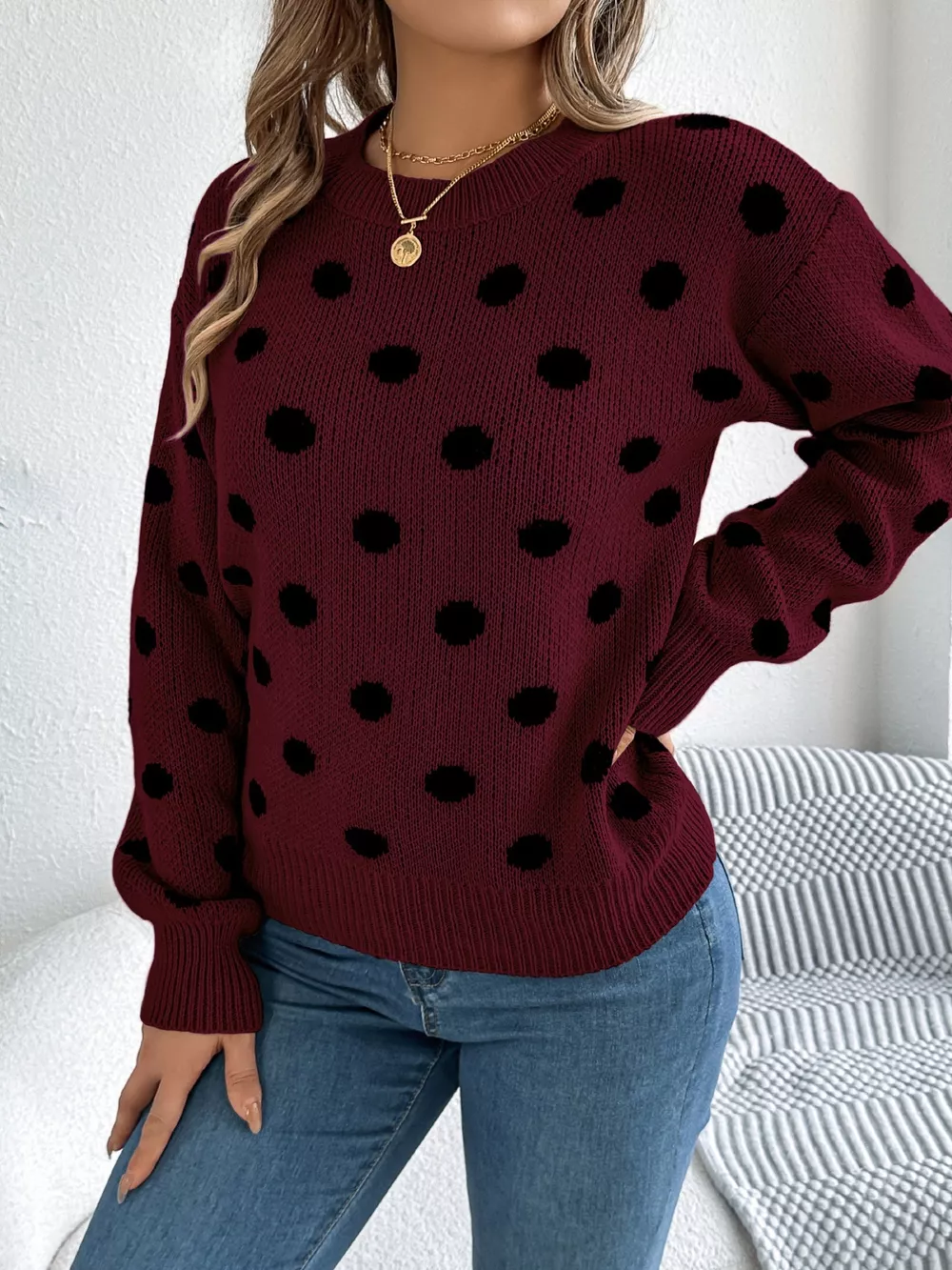 Polka Dot Round Neck Sweater, image 11