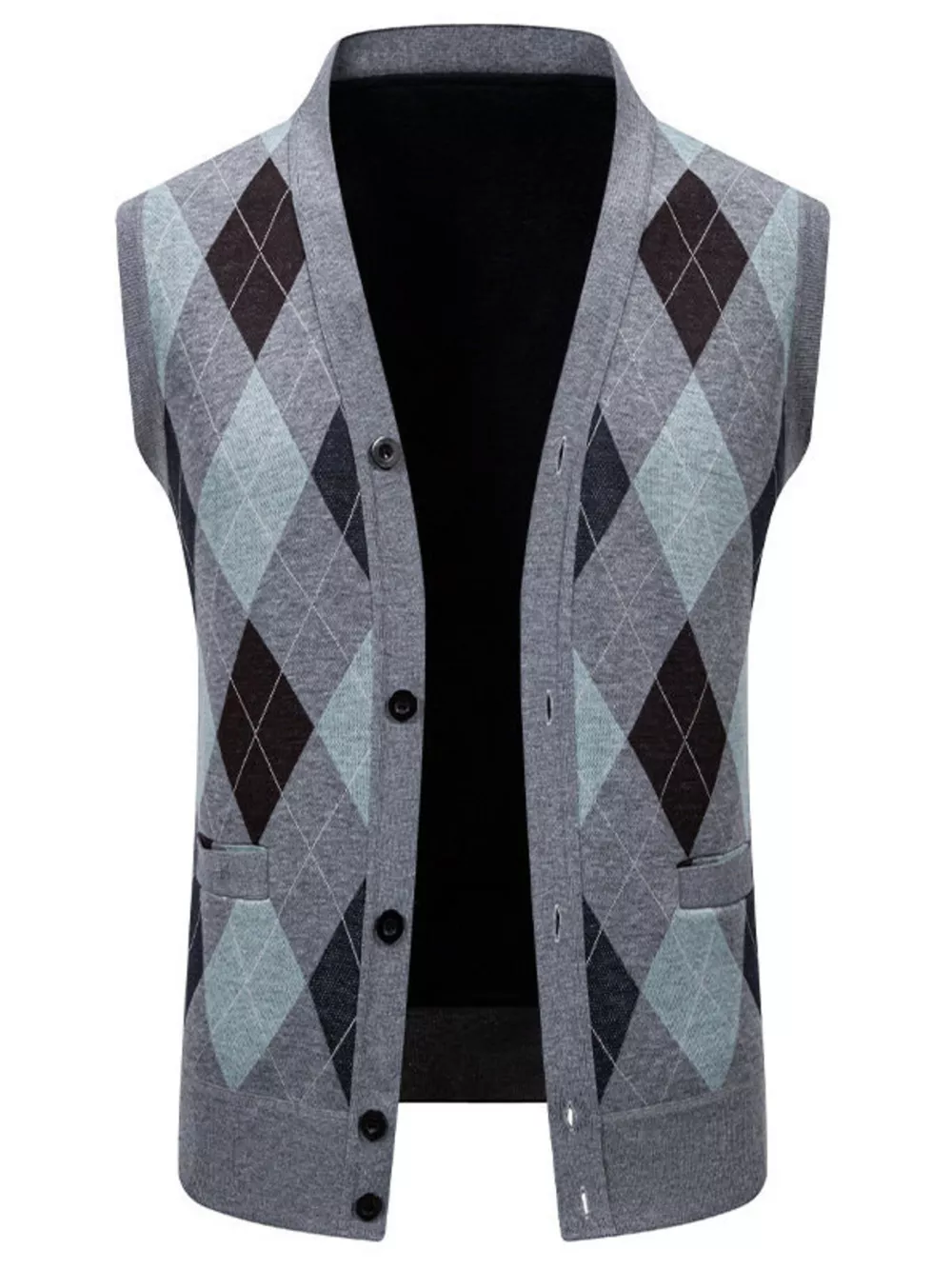 Men's Plus Size Argyle Pattern V-Neck Button-Down Cardigan Vest, image 9