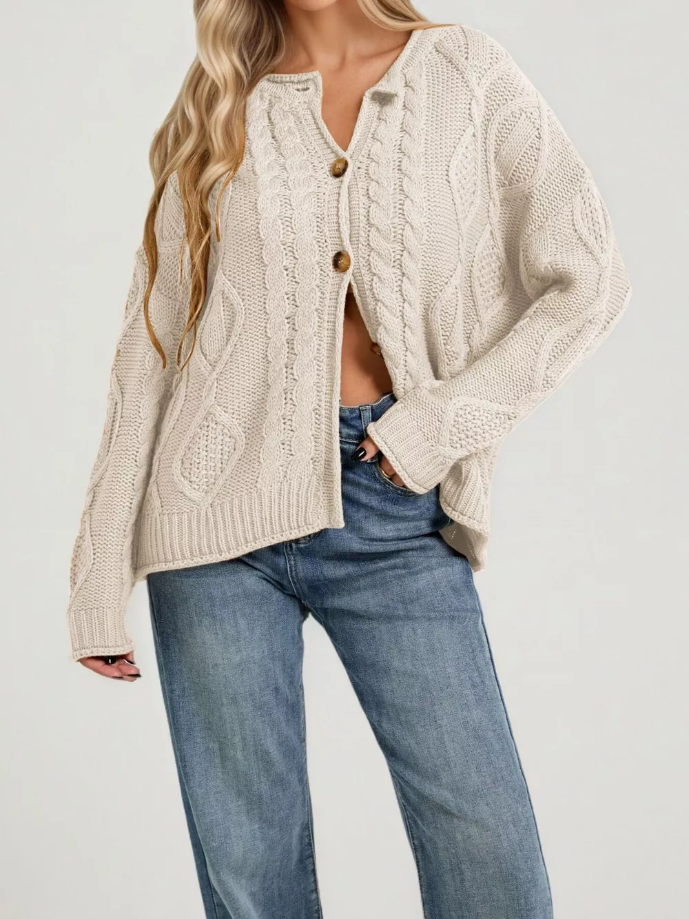 Cable-Knit Button-Down Cardigan
