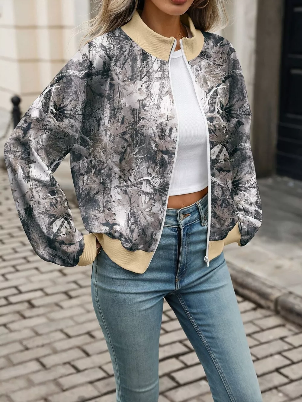 Printed Zip Up Long Sleeve Sweatshirt, image 11