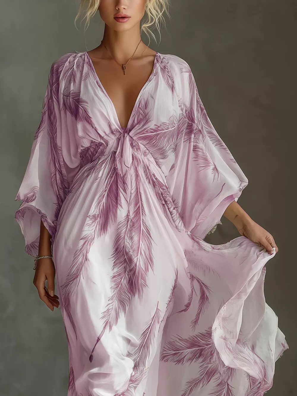 Full Size Feather Print V-Neck Flowy Maxi Dress Plus Size, image 11